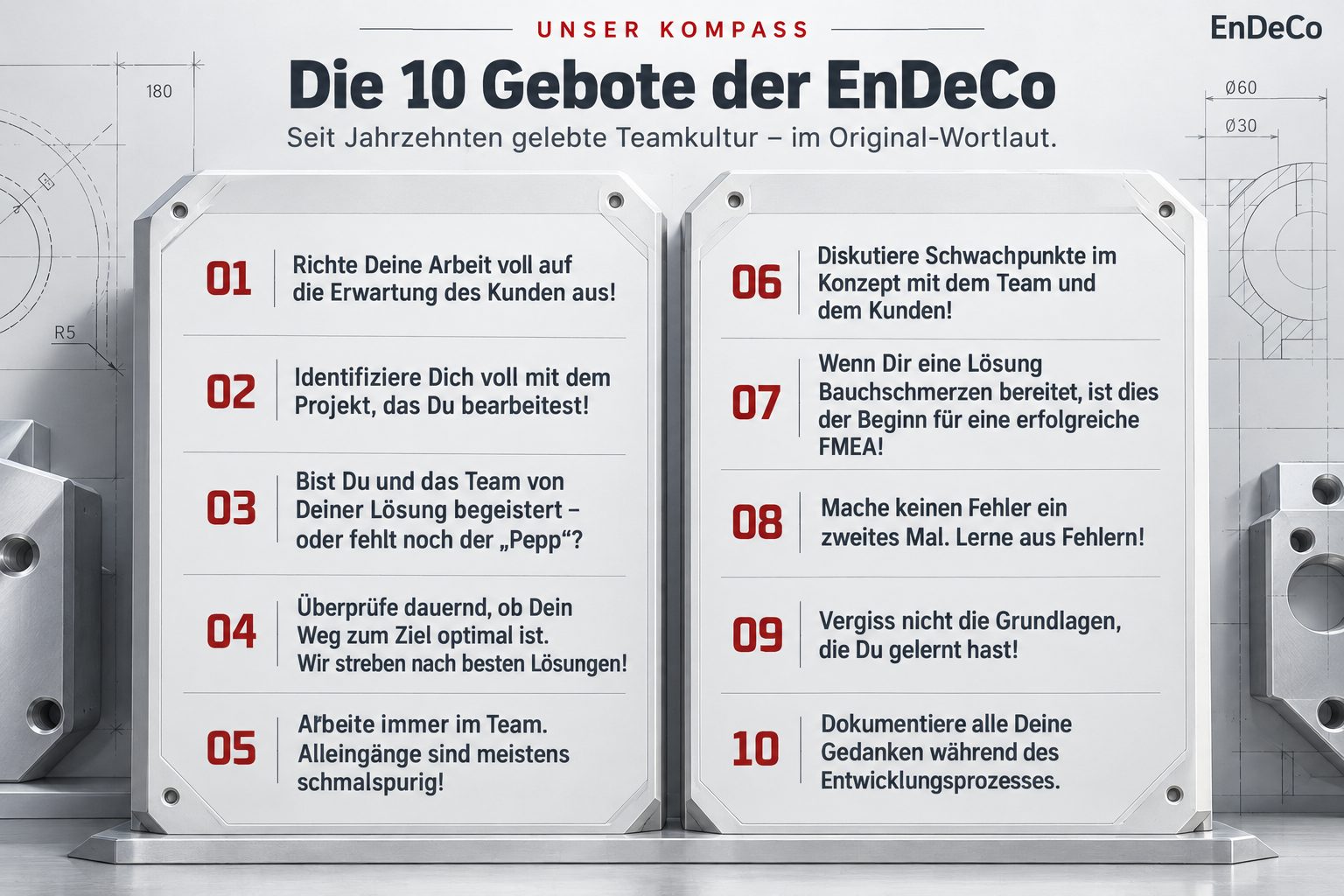 Unser Kompass: Die 10 Gebote der EnDeCo – seit Jahrzehnten gelebte Teamkultur im Original-Wortlaut.